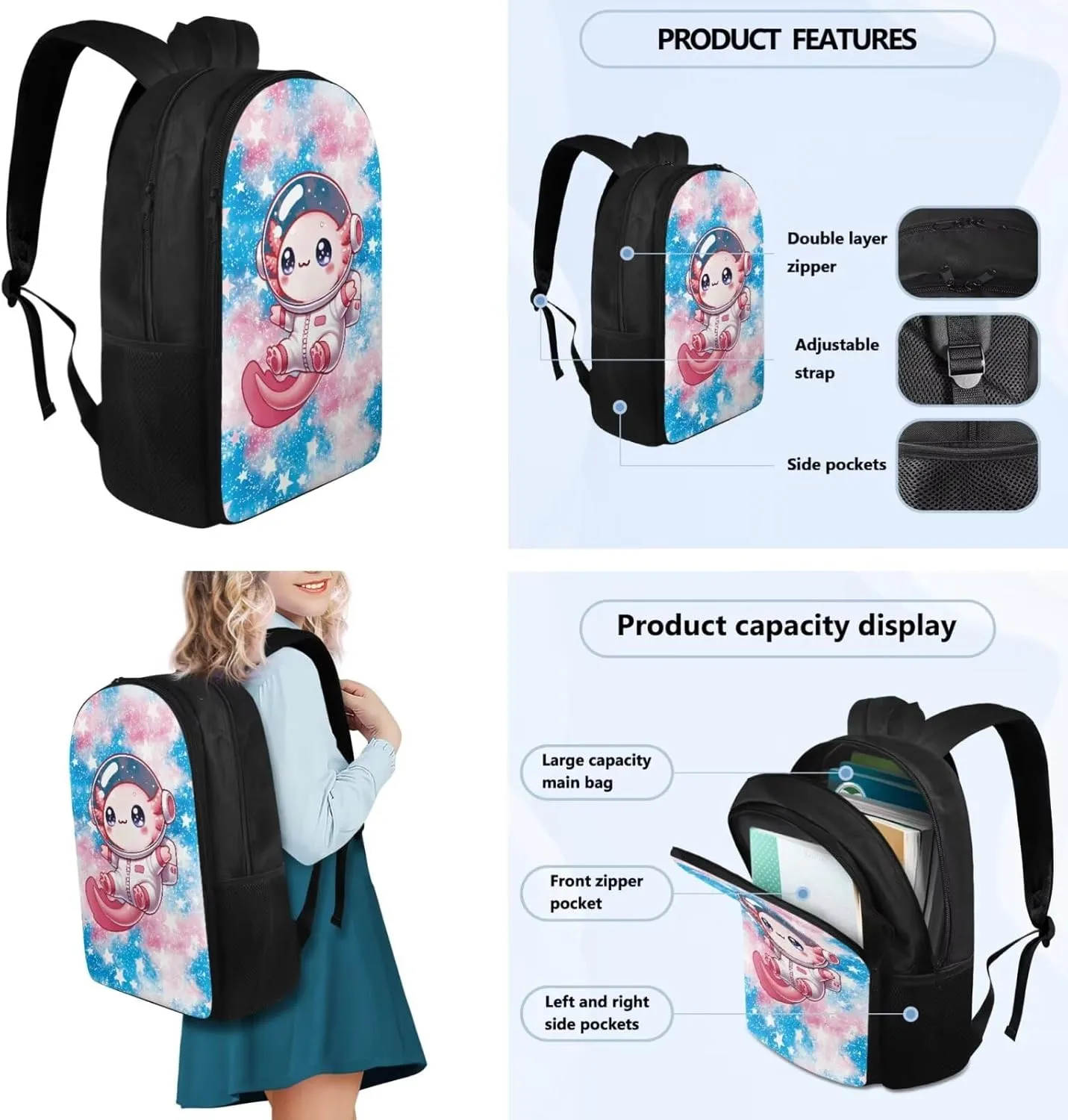 Astronaut Axolotl Backpack for School Girls 3rd Grade Boys Bookbag with Lunch Box PU Leather Bookmark and Pen Pencil Case 4 PCS Lightweight Back Packs with Compartment
