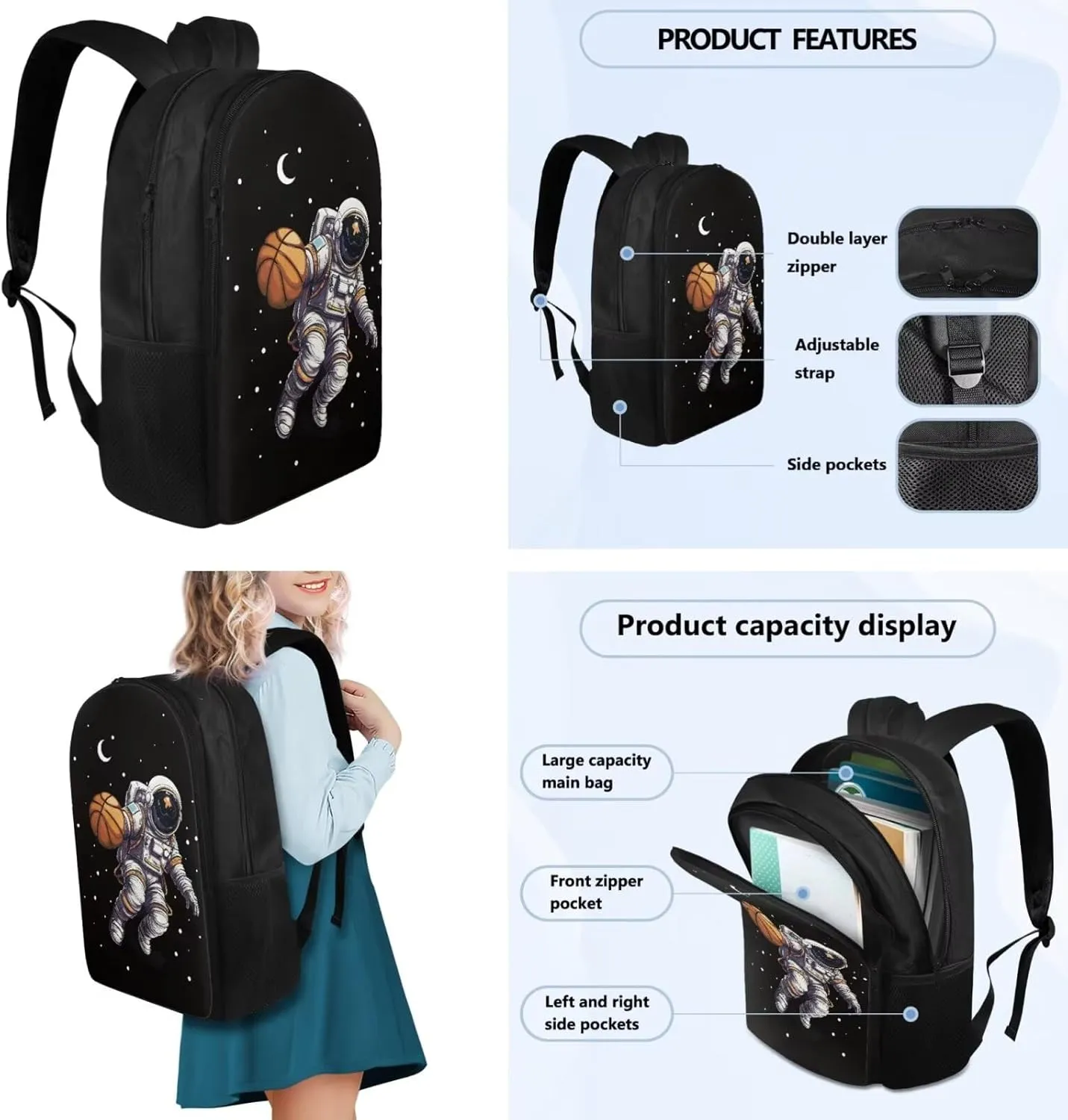 Astronaut Basketball Elementary School Backpack for Boys Kids Bookbags with Lunch Box Large Capacity Shoulder Bag for School Casual Daypack Backpacks for Students with Pencil Case