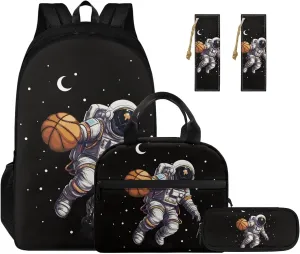 Astronaut Basketball Elementary School Backpack for Boys Kids Bookbags with Lunch Box Large Capacity Shoulder Bag for School Casual Daypack Backpacks for Students with Pencil Case