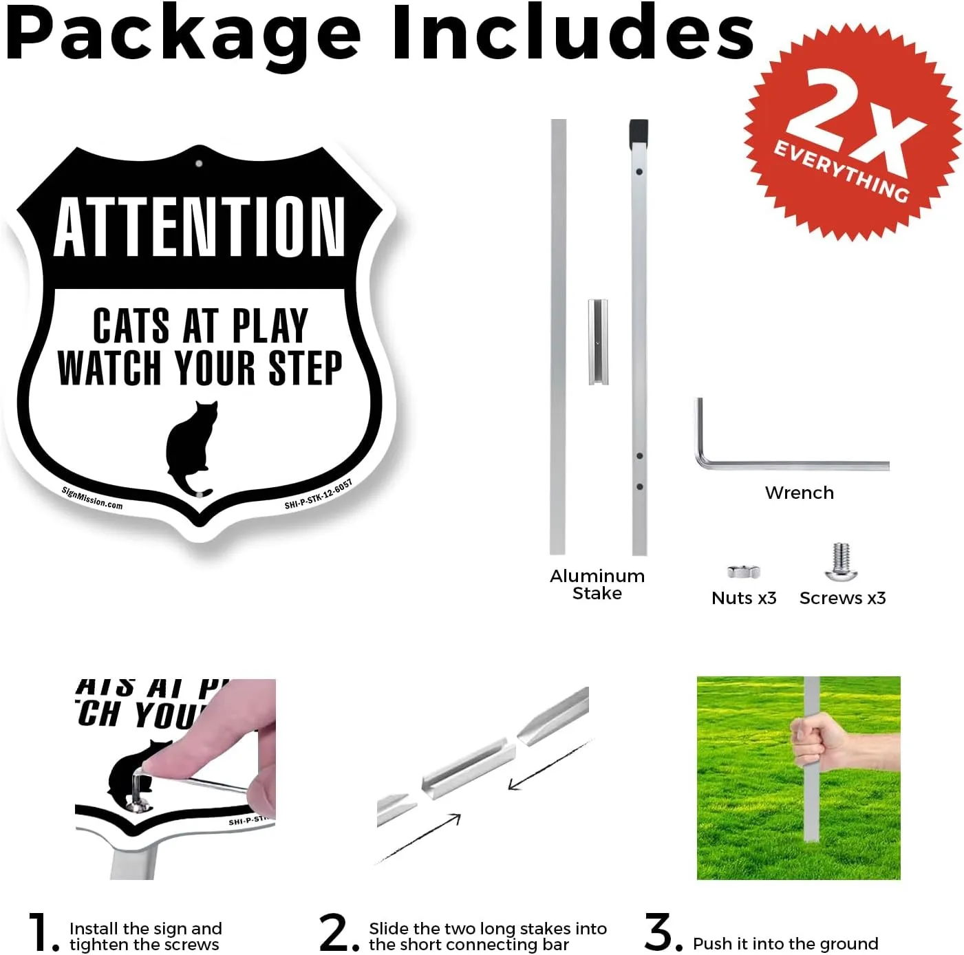 Attention - Cats at Play please watch your step (2 Pack) 12 inch X 12 inch Shield Shaped Commercial Grade Plastic Signs with Aluminum Mounting Stakes Weather Resistant Made in the USA
