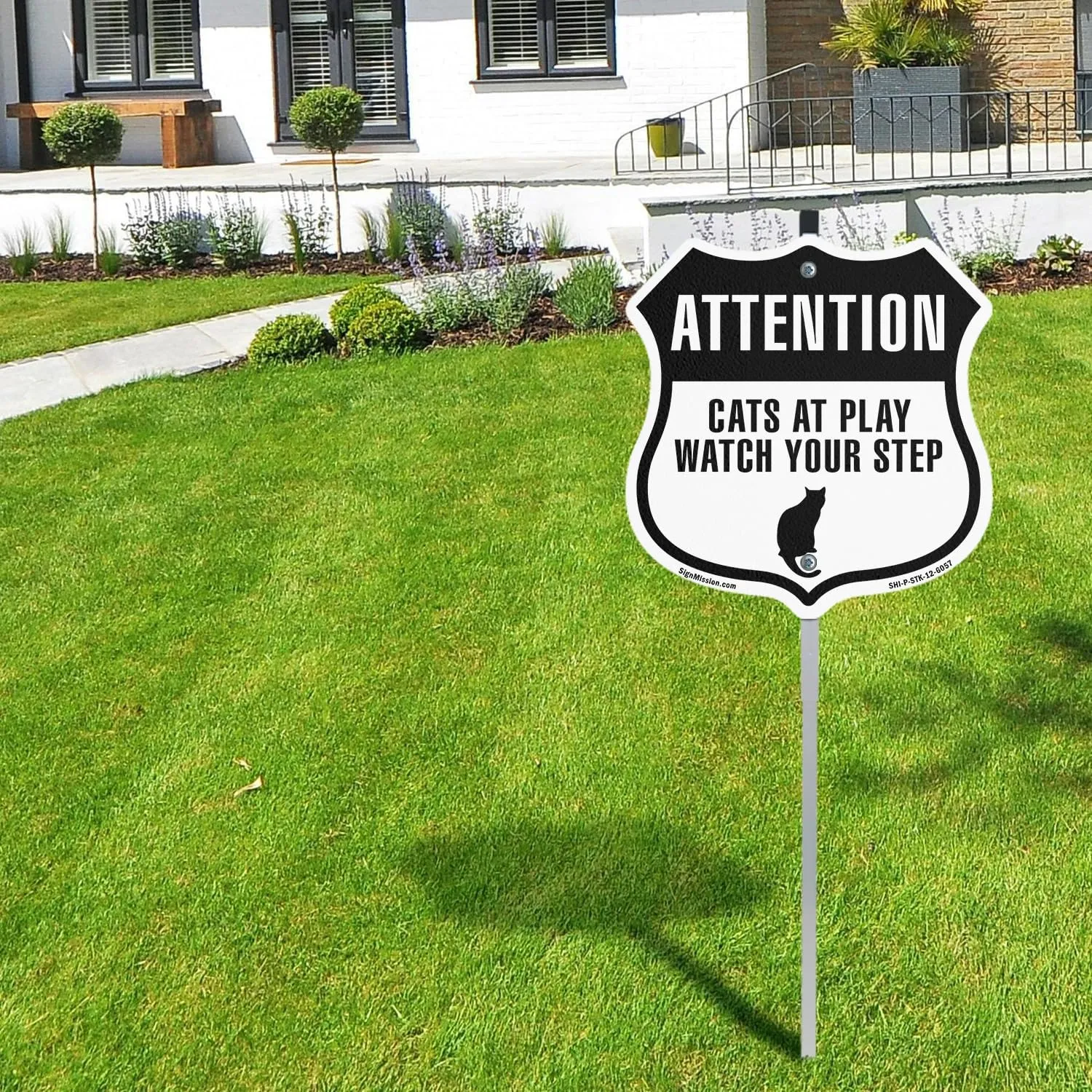 Attention - Cats at Play please watch your step (2 Pack) 12 inch X 12 inch Shield Shaped Commercial Grade Plastic Signs with Aluminum Mounting Stakes Weather Resistant Made in the USA