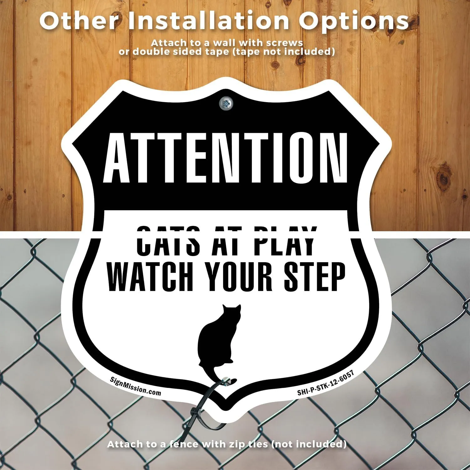 Attention - Cats at Play please watch your step (2 Pack) 12 inch X 12 inch Shield Shaped Commercial Grade Plastic Signs with Aluminum Mounting Stakes Weather Resistant Made in the USA