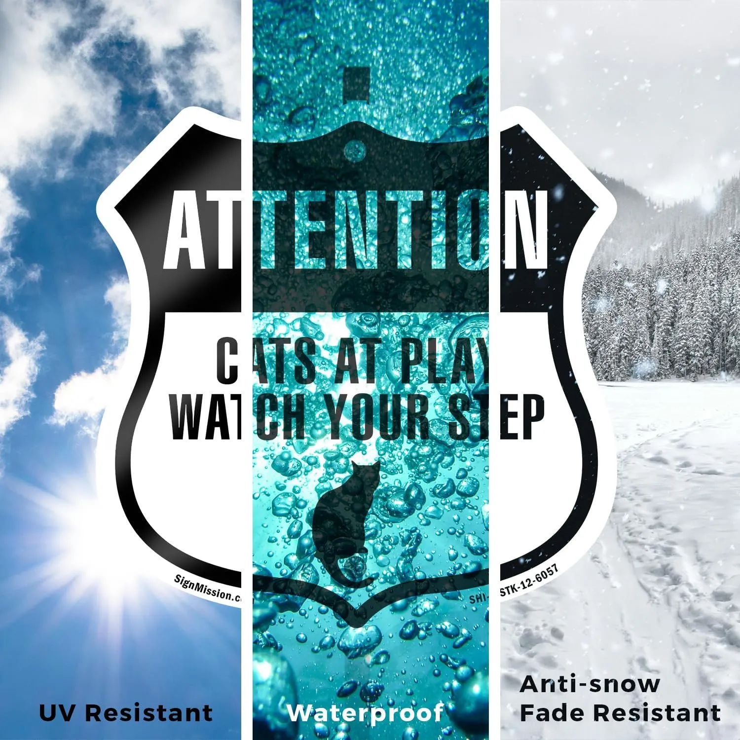 Attention - Cats at Play please watch your step (2 Pack) 12 inch X 12 inch Shield Shaped Commercial Grade Plastic Signs with Aluminum Mounting Stakes Weather Resistant Made in the USA