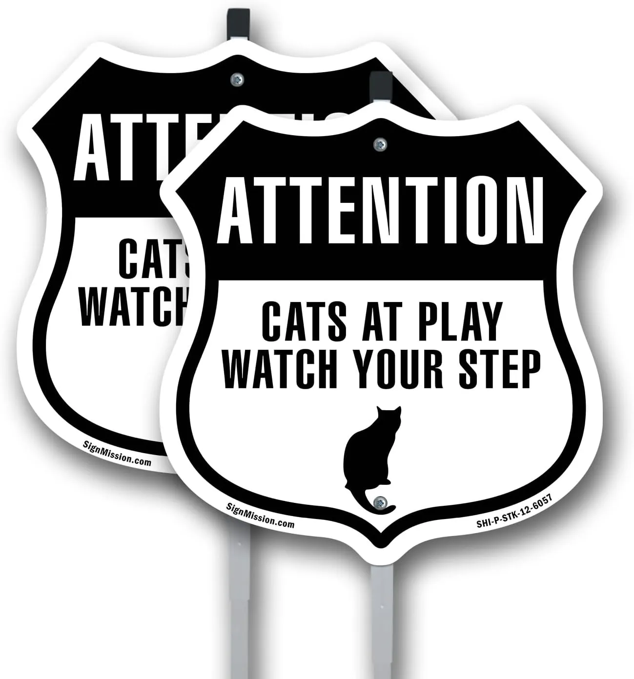 Attention - Cats at Play please watch your step (2 Pack) 12 inch X 12 inch Shield Shaped Commercial Grade Plastic Signs with Aluminum Mounting Stakes Weather Resistant Made in the USA