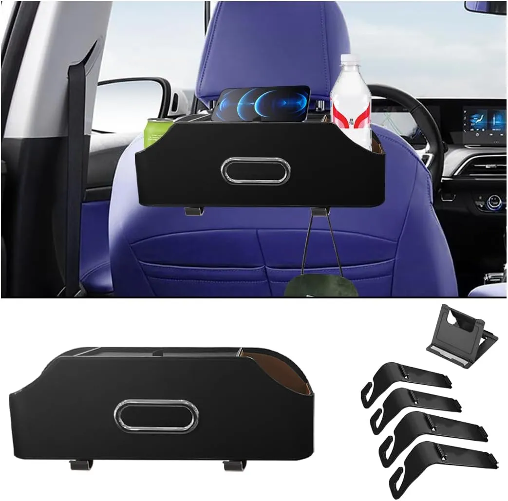 AUCELI Car Seat Back Organizer with Cup Holder and Tissue Box, Headrest Hanging Storage Box with Hooks and Phone Holder, Multi-Function Travel Tray for Kids, Road Trip Car Accessories