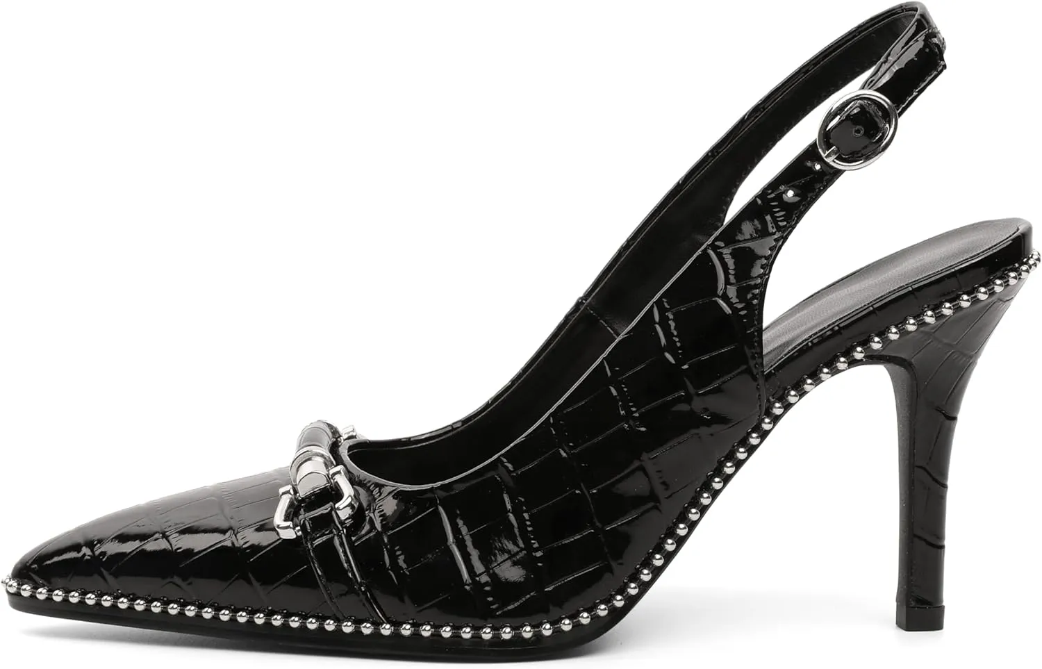AUMOTED Women Beaded Pumps Slingback High Heel Stilettos Pointed Toe Shoes Slip On 3.5 Inch Ankle Strap Adjustable Patent Leather US Size 5-13