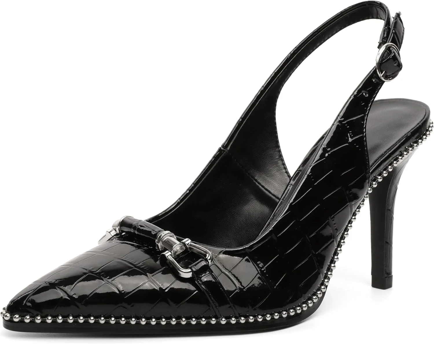 AUMOTED Women Beaded Pumps Slingback High Heel Stilettos Pointed Toe Shoes Slip On 3.5 Inch Ankle Strap Adjustable Patent Leather US Size 5-13