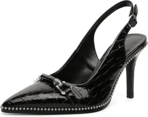 AUMOTED Women Beaded Pumps Slingback High Heel Stilettos Pointed Toe Shoes Slip On 3.5 Inch Ankle Strap Adjustable Patent Leather US Size 5-13