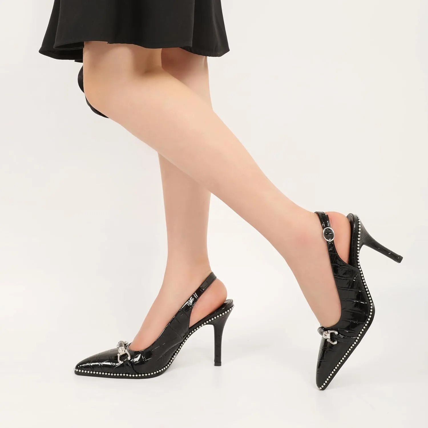 AUMOTED Women Beaded Pumps Slingback High Heel Stilettos Pointed Toe Shoes Slip On 3.5 Inch Ankle Strap Adjustable Patent Leather US Size 5-13