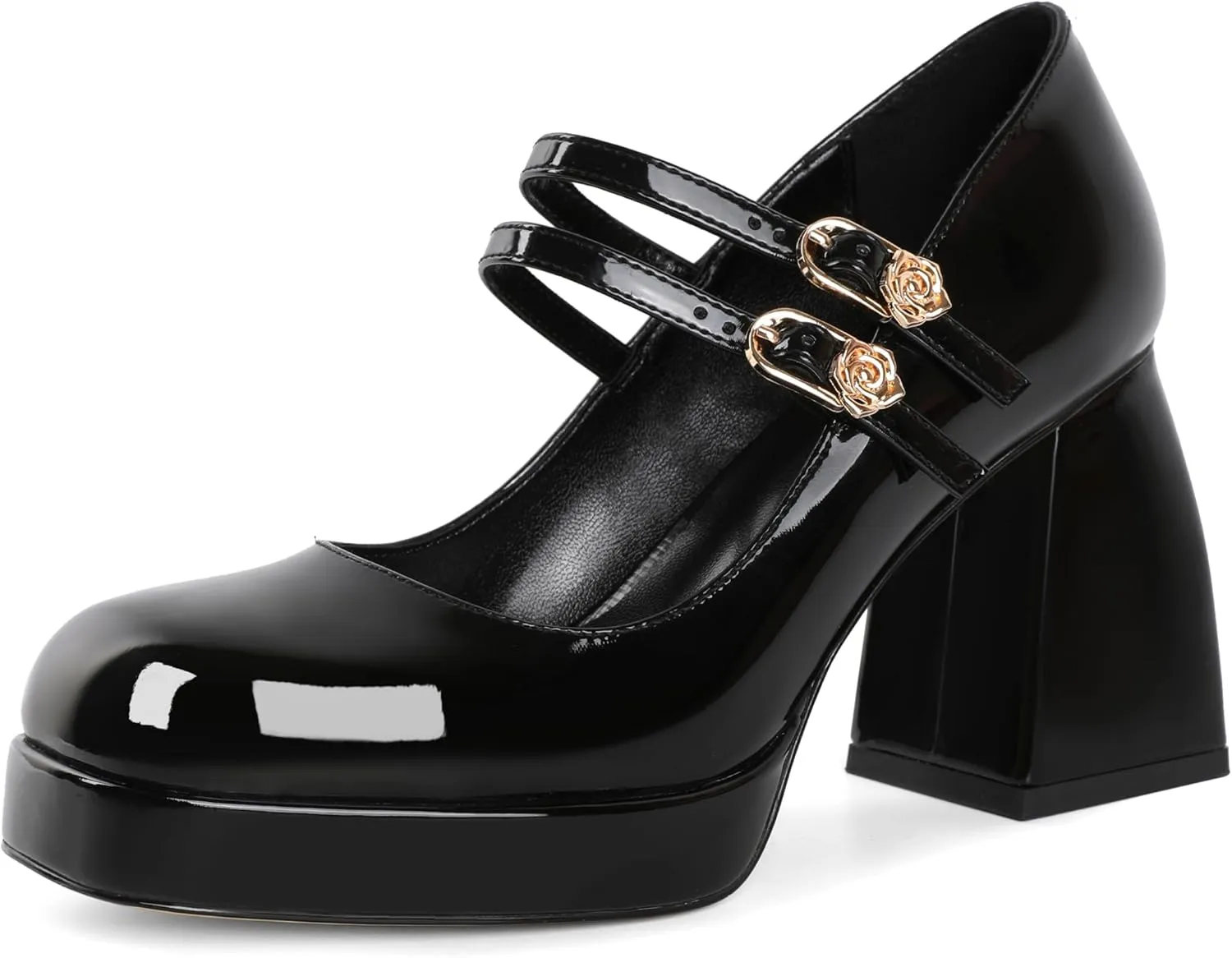 AUMOTED Women's Chunky Heels Platform Mary Janes Shoes Square Toe Pumps Patent Leather Block High Heel Dress Shoes 3.5 Inch