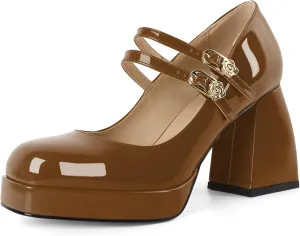 AUMOTED Women's Chunky Heels Platform Mary Janes Shoes Square Toe Pumps Patent Leather Block High Heel Dress Shoes 3.5 Inch