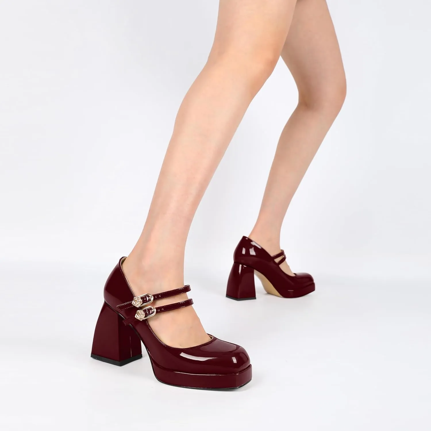 AUMOTED Women's Chunky Heels Platform Mary Janes Shoes Square Toe Pumps Patent Leather Block High Heel Dress Shoes 3.5 Inch