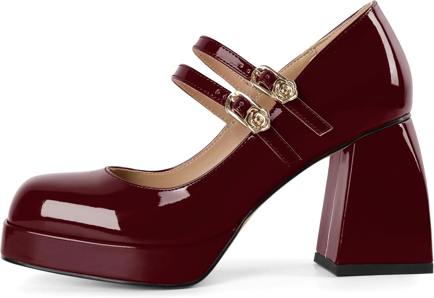 AUMOTED Women's Chunky Heels Platform Mary Janes Shoes Square Toe Pumps Patent Leather Block High Heel Dress Shoes 3.5 Inch