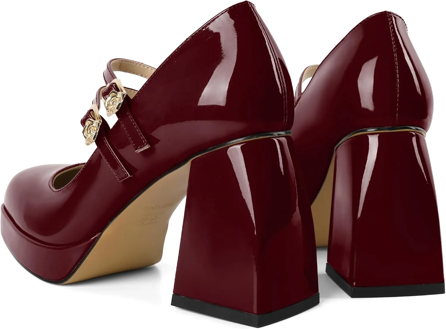 AUMOTED Women's Chunky Heels Platform Mary Janes Shoes Square Toe Pumps Patent Leather Block High Heel Dress Shoes 3.5 Inch