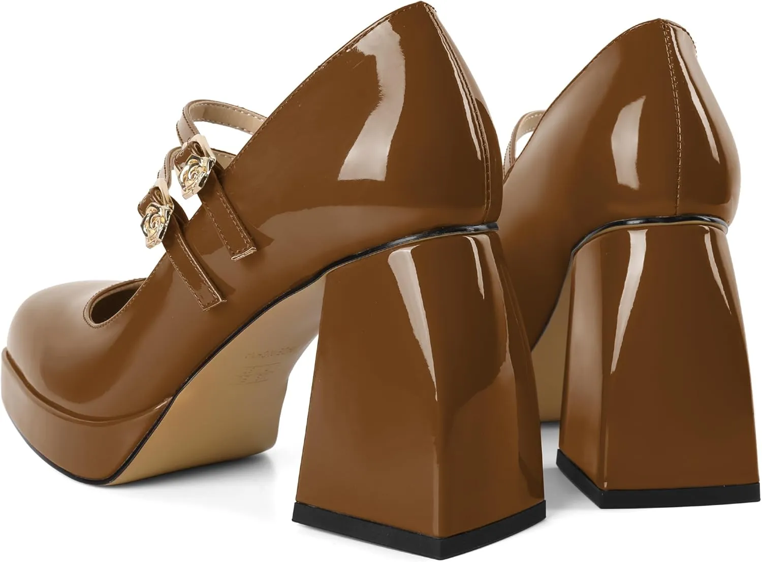 AUMOTED Women's Chunky Heels Platform Mary Janes Shoes Square Toe Pumps Patent Leather Block High Heel Dress Shoes 3.5 Inch
