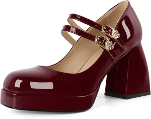AUMOTED Women's Chunky Heels Platform Mary Janes Shoes Square Toe Pumps Patent Leather Block High Heel Dress Shoes 3.5 Inch