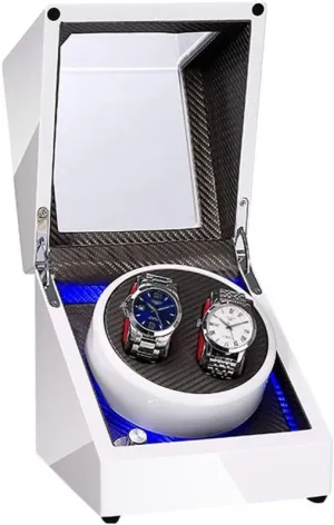 Automatic Double Watch Winder Box, with Blue LED Light, Green or White Paint Craft, Silent Motor, Fit Lady and Man Watches Watch Winder Display Watch Box Case Watch Storage E