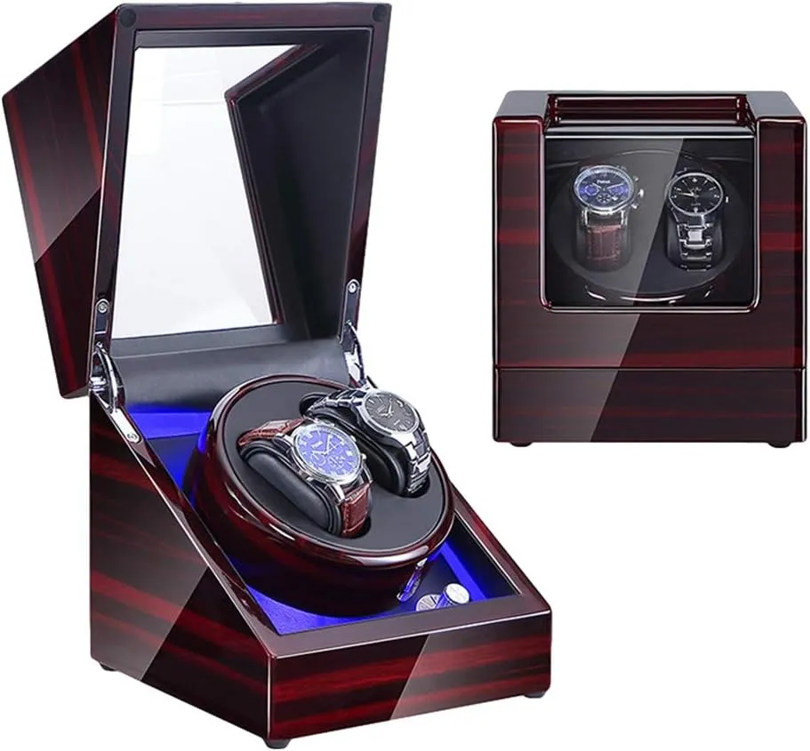 Automatic Double Watch Winder Box with LED Illumination Piano Paint Exterior Dual Power Supply 4 Rotation Modes Watch Winder Watch Box Case Watch Storage Display Gift