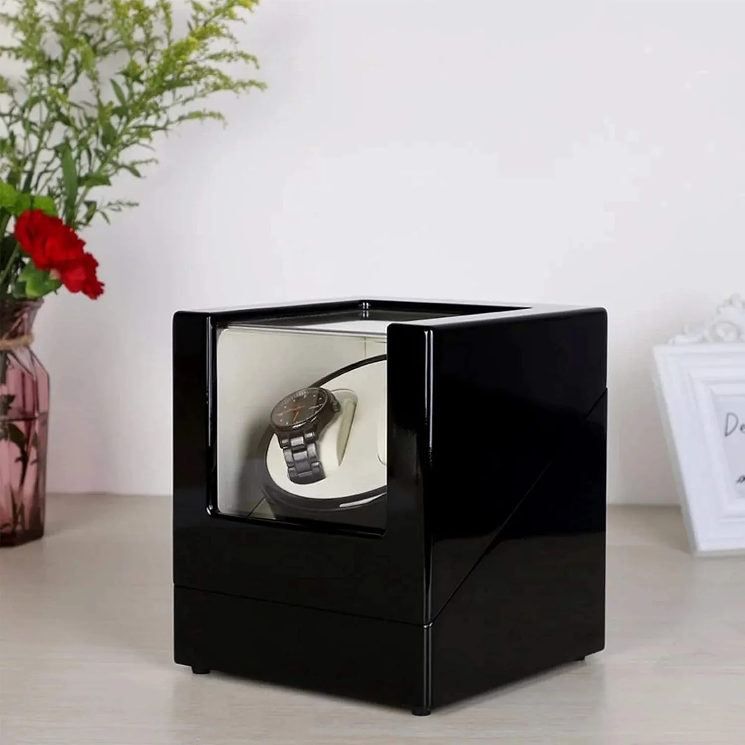 Automatic Double Watch Winder Box Wood Shell Piano Paint Exterior Silent Motor for Men's and Ladies Wrist Watch,C