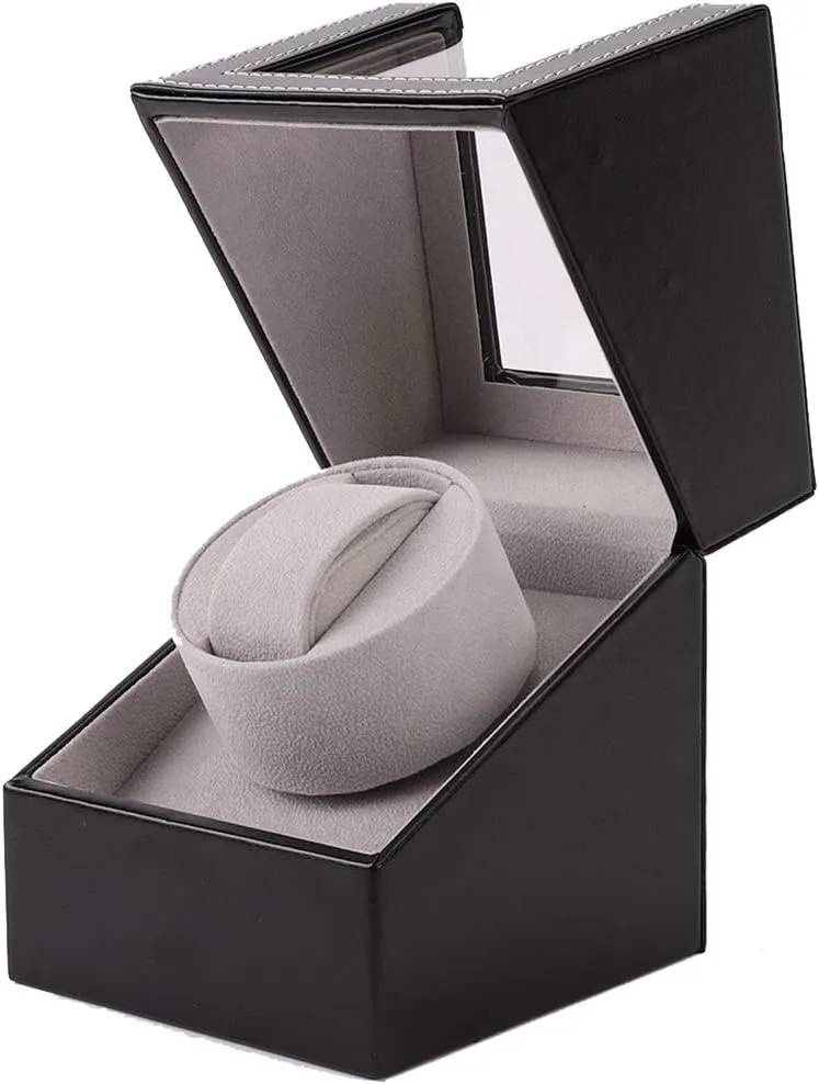Automatic Single Watch Winder, in Wood Shell and Black Leather/Carbon Fiber Leather, Japanese Motor
