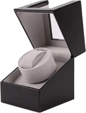 Automatic Single Watch Winder, in Wood Shell and Black Leather/Carbon Fiber Leather, Japanese Motor