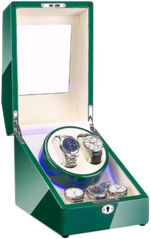 Automatic Watch Winder Box 2 3 with Blue LED Light Green Piano Paint Exterior 4 Rotation Modes Quite Motors (C)