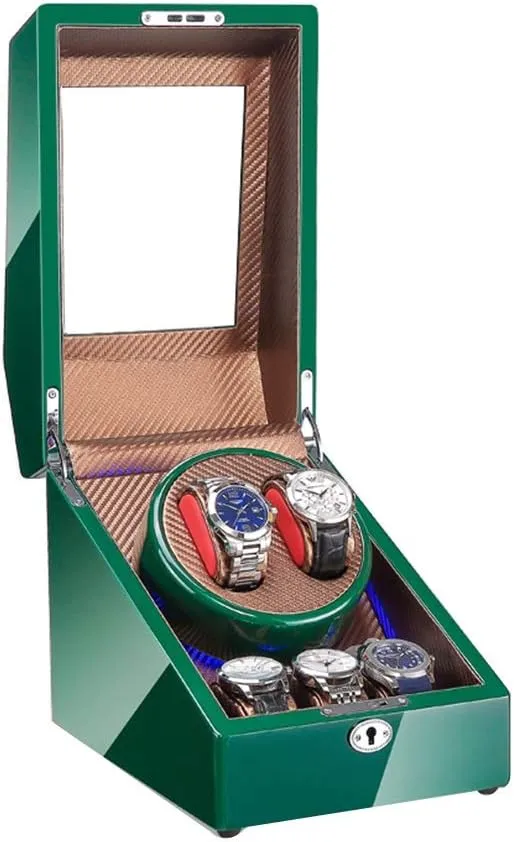 Automatic Watch Winder Box 2 3, with Blue LED Light, Green Piano Paint Exterior, 4 Rotation Modes, Quite Motors Watch Winder for Automatic Watches C