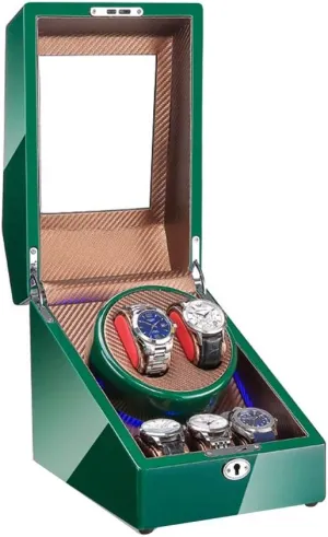 Automatic Watch Winder Box 2 3, with Blue LED Light, Green Piano Paint Exterior, 4 Rotation Modes, Quite Motors Watch Winder for Automatic Watches C