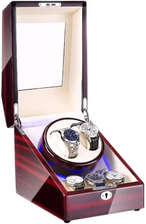 Automatic Watch Winder Box 2 3 with LED Light Wood Shell Piano Paint Exterior 4 Rotation Modes Quite Motors (A)