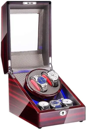 Automatic Watch Winder Box 2 3, with LED Light, Wood Shell Piano Paint Exterior, 4 Rotation Modes, Quite Motors Watch Winder for Automatic Watches E