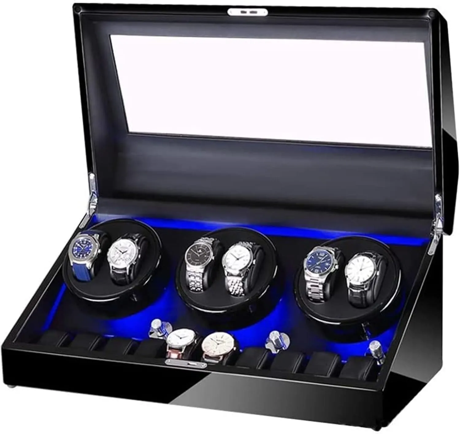 Automatic Watch Winder Box 6 10, with Blue Led Light, in Leather, Extremely Silent Motor, 4 Rotation Modes Accessories
