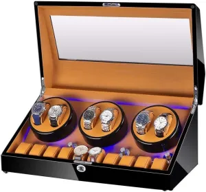 Automatic Watch Winder Box 6 10 with Blue LED Light in Wood Shell and Leather Extremely Silent Motor 4 Rotation Modes (E)