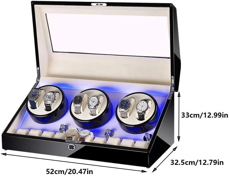 Automatic Watch Winder Box 6 10 with Blue LED Light in Wood Shell and Leather Extremely Silent Motor 4 Rotation Modes (E)