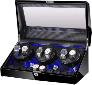 Automatic Watch Winder Box 6 10, with Blue LED Light, in Wood Shell and Leather, Extremely Silent Motor, 4 Rotation Modes Watch Winder Display Watch Box Case Watch Storage B