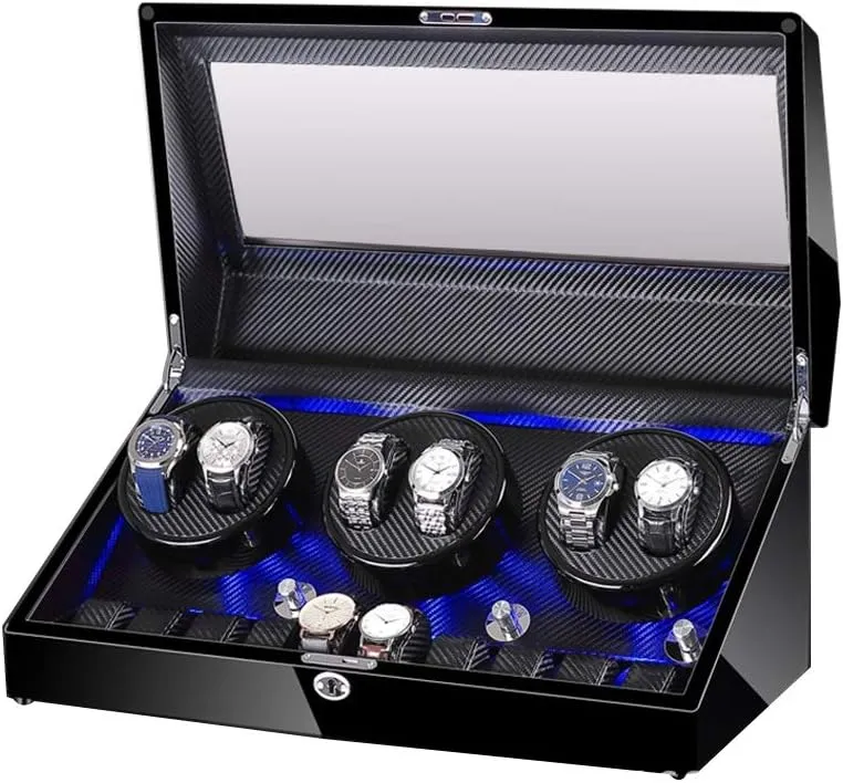 Automatic Watch Winder Box 6 10, with Blue LED Light, in Wood Shell and Leather, Extremely Silent Motor, 4 Rotation Modes Watch Winder Display Watch Box Case Watch Storage B