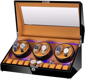 Automatic Watch Winder Box 6 10, with Blue LED Light, in Wood Shell and Leather, Extremely Silent Motor, 4 Rotation Modes Watch Winder Display Watch Box Case Watch Storage