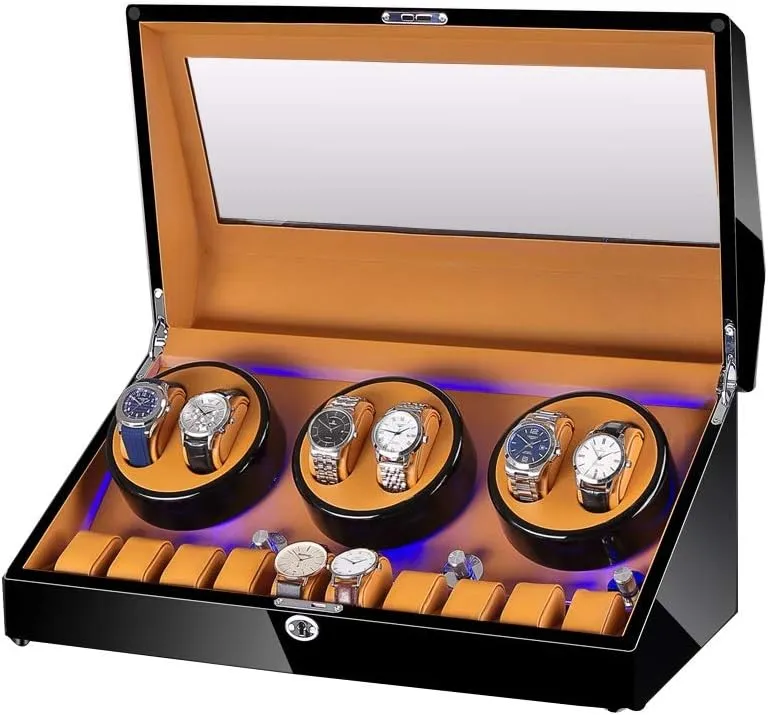 Automatic Watch Winder Box 6 10, with Blue LED Light, in Wood Shell and Leather, Extremely Silent Motor, 4 Rotation Modes Watch Winder Display Watch Box Case Watch Storage