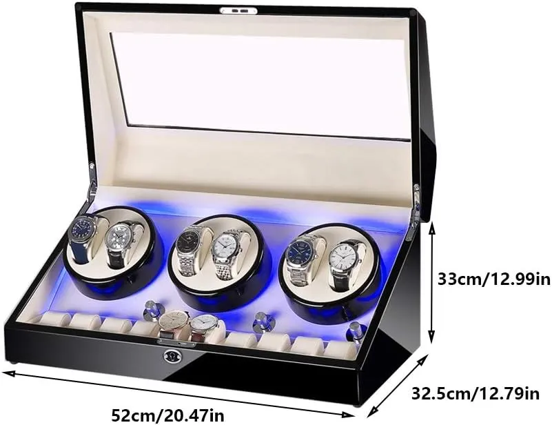 Automatic Watch Winder Box 6 10, with Blue LED Light, in Wood Shell and Leather, Extremely Silent Motor, 4 Rotation Modes Watch Winder Display Watch Box Case Watch Storage