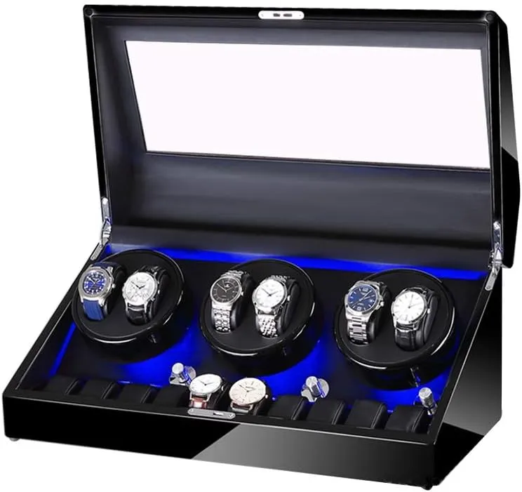Automatic Watch Winder Box 6 10, with Blue LED Light, in Wood Shell and Leather, Extremely Silent Motor, 4 Rotation Modes Watch Winder for Automatic Watches A