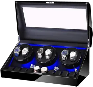 Automatic Watch Winder Box 6 10, with Blue LED Light, in Wood Shell and Leather, Extremely Silent Motor, 4 Rotation Modes Watch Winder for Automatic Watches A