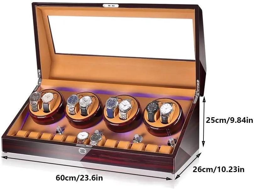 Automatic Watch Winder Box 8 12, with Blue LED Light, in Wood Shell and Leather, Quite Motors, Fit Lady and Man Watches (C)