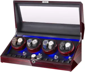 Automatic Watch Winder Box 8 12, with Blue LED Light, in Wood Shell and Leather, Quite Motors, Fit Lady and Man Watches (C)