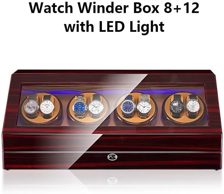 Automatic Watch Winder Box 8 12, with Blue Led Light, in Wood Shell and Leather, Quite Motors, Fit Lady and Man Watches,B