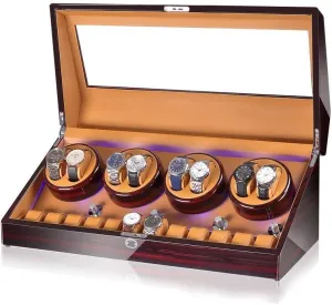 Automatic Watch Winder Box 8 12, with Blue Led Light, in Wood Shell and Leather, Quite Motors, Fit Lady and Man Watches,B