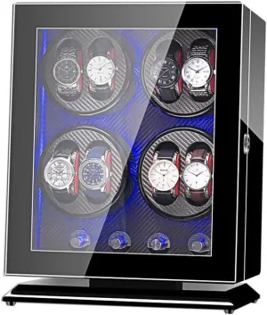 Automatic Watch Winder Box 8, with LED Light, Wood Shell Piano Paint Exterior, 4 Rotation Modes, Quite Motors，Black Watch Winder for Automatic Watches A