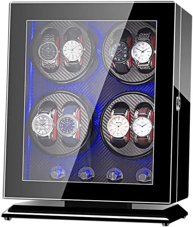 Automatic Watch Winder Box 8, with LED Light, Wood Shell Piano Paint Exterior, 4 Rotation Modes, Quite Motors，Black Watch Winder for Automatic Watches A