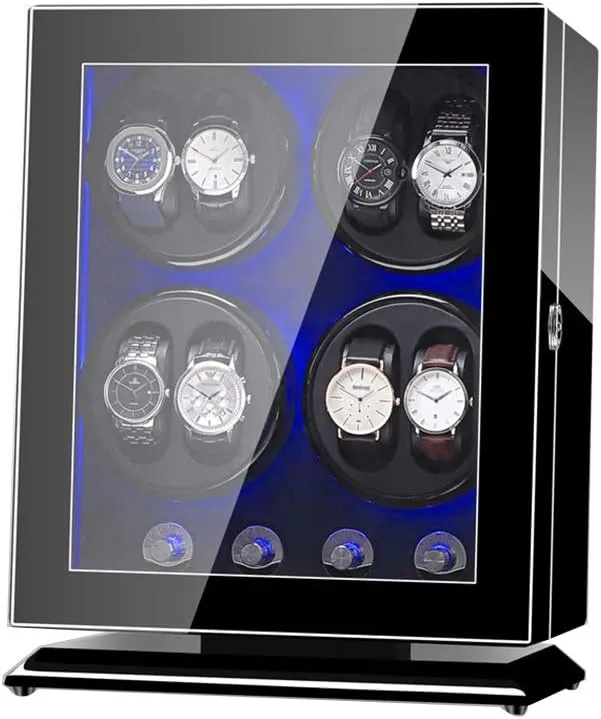 Automatic Watch Winder Box 8, with LED Light, Wood Shell Piano Paint Exterior, 4 Rotation Modes, Quite Motors，Black Watch Winder for Automatic Watches C
