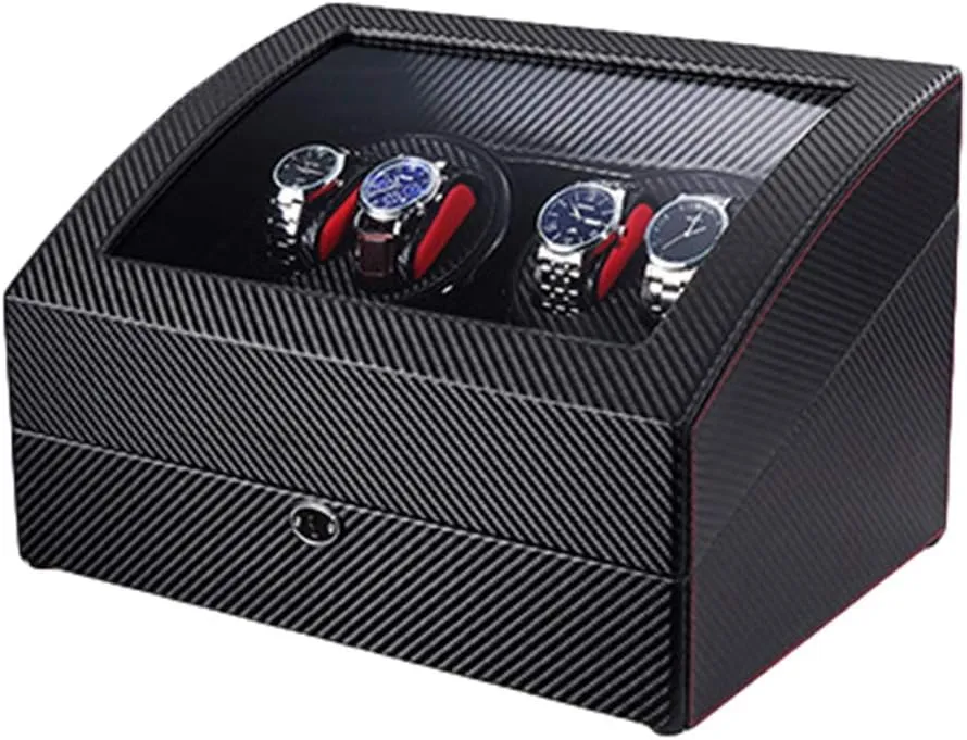 Automatic Watch Winder Wood Shell Carbon Fiber Leather Exterior Soft Flexible Watch Pillow Dual Power Supply Quiet Motor Watch Winder Watch Box Case Watch Storage Display Gift