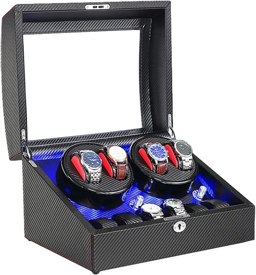 Automatic Watch Winder Wood Shell Carbon Fiber Leather Exterior Soft Flexible Watch Pillow Dual Power Supply Quiet Motor Watch Winder Watch Box Case Watch Storage Display Gift
