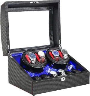 Automatic Watch Winder Wood Shell Carbon Fiber Leather Exterior Soft Flexible Watch Pillow Dual Power Supply Quiet Motor Watch Winder Watch Box Case Watch Storage Display Gift